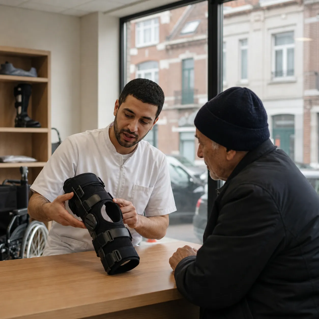 Conseil personnalisé autour d’une orthèse de genou dans le magasin OrthoGreen Mobility à Molenbeek.